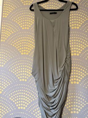 Calvin Klein Collection Draped Dress Y2K 2004 Greige Ruched Minimalist Midi